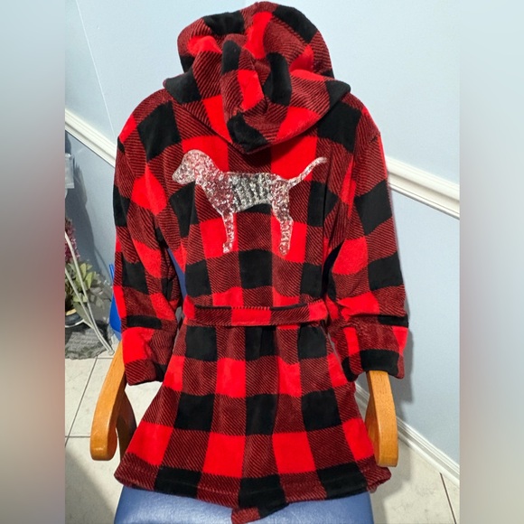 NWOT PINK Victoria’s Secret buffalo plaid bling fleece hooded robe, Size XS/S - Picture 8 of 16